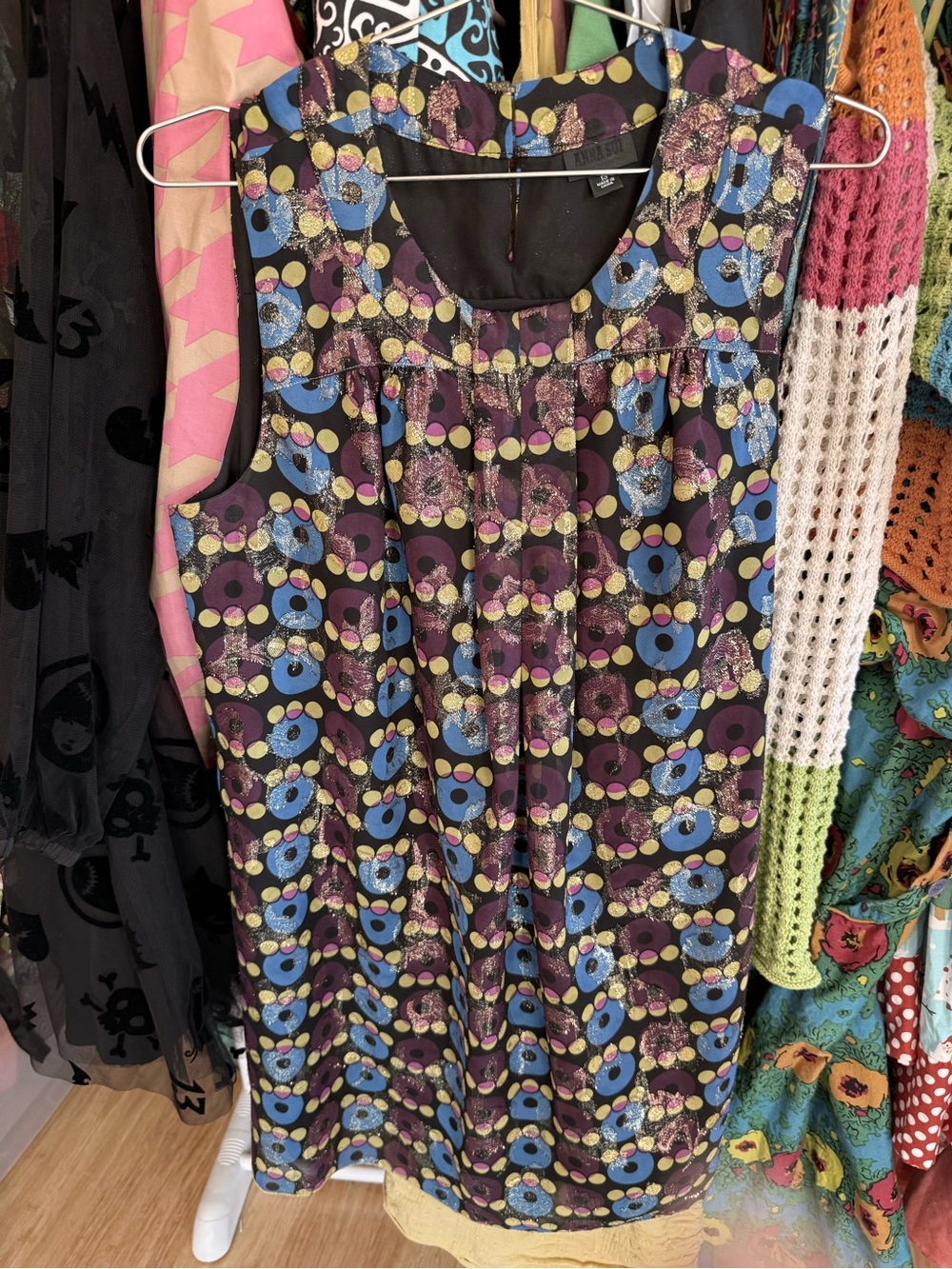Anna Sui x Target Black Dress with Blue, Purple & Gold Dot Floral Print